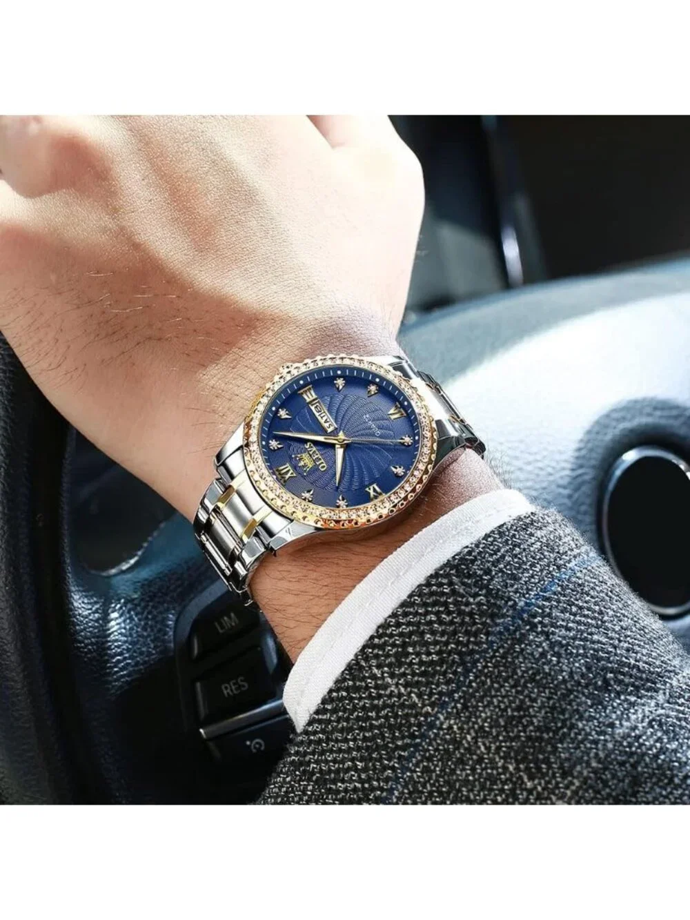Men's Silver Blue Diamond Stainless Steel Analog Quartz Waterproof Classic Watch